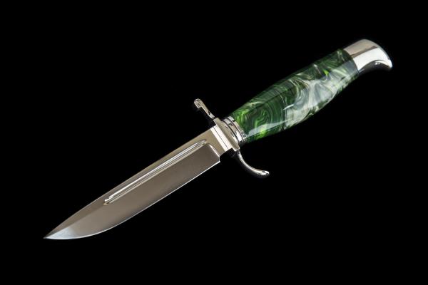 Нож всадной "Финка с пяткой НКВД" зелёный акрил (Туристического назначения) для охоты и рыбалки из сталей bohler к340, н690, х12мф, 95х18, д2 и др.